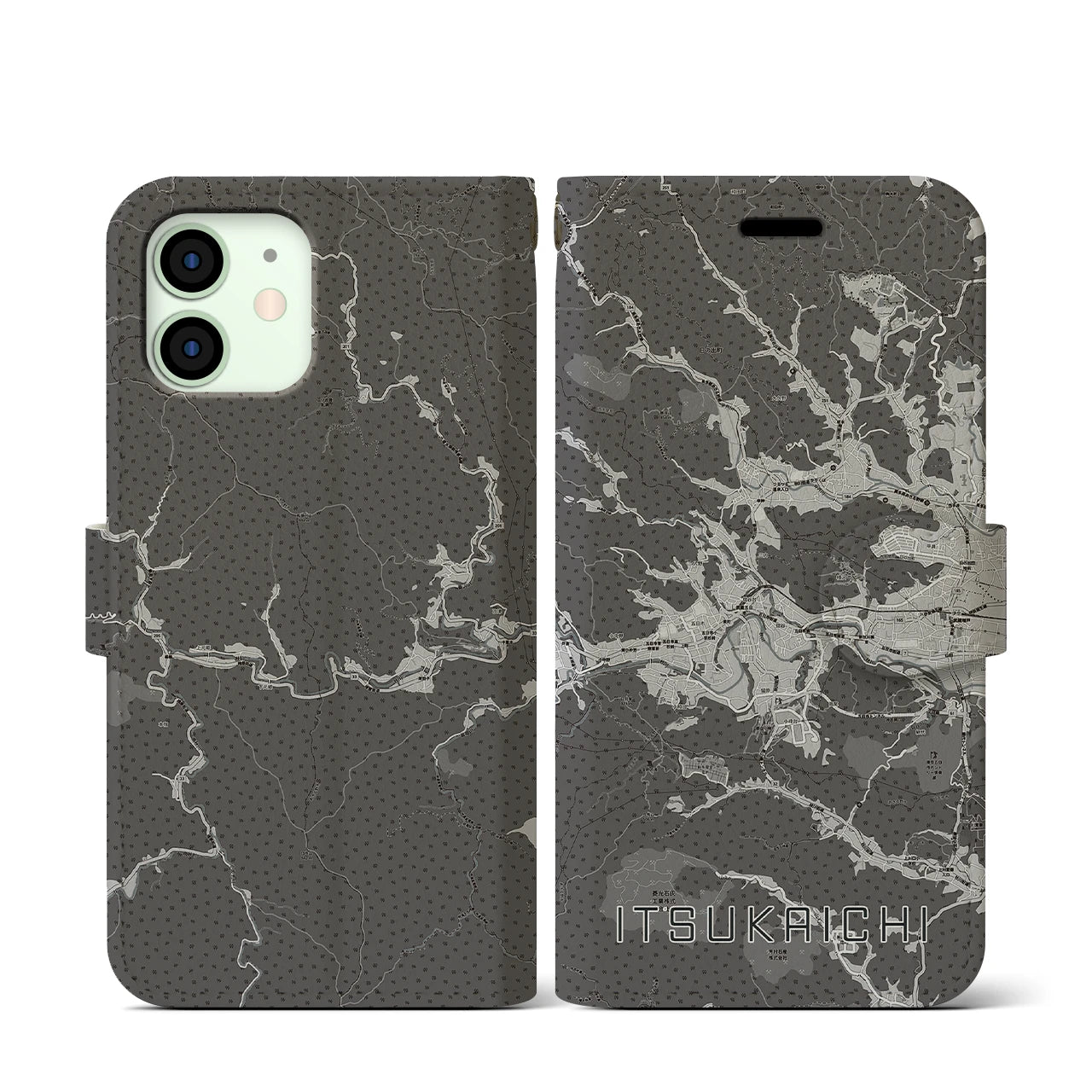【五日市(東京都)】地図柄iPhoneケース(手帳タイプ)モノトーン・iPhone 12 mini 用
