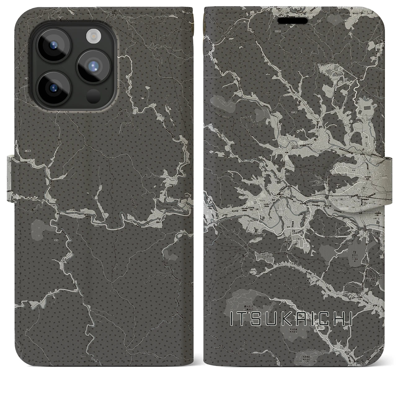 【五日市(東京都)】地図柄iPhoneケース(手帳タイプ)モノトーン・iPhone 15 Pro Max 用