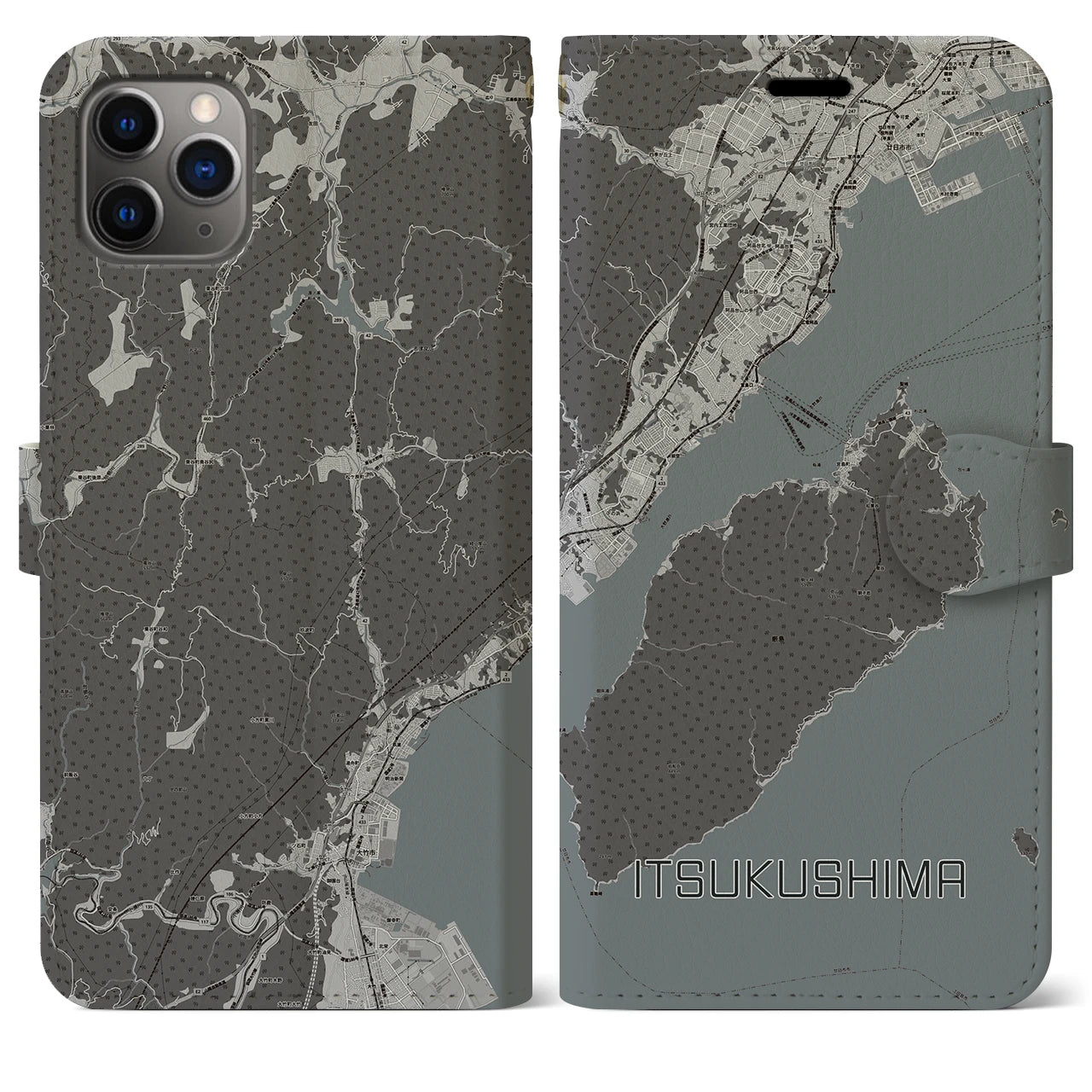 【厳島(広島県)】地図柄iPhoneケース(手帳タイプ)モノトーン・iPhone 11 Pro Max 用