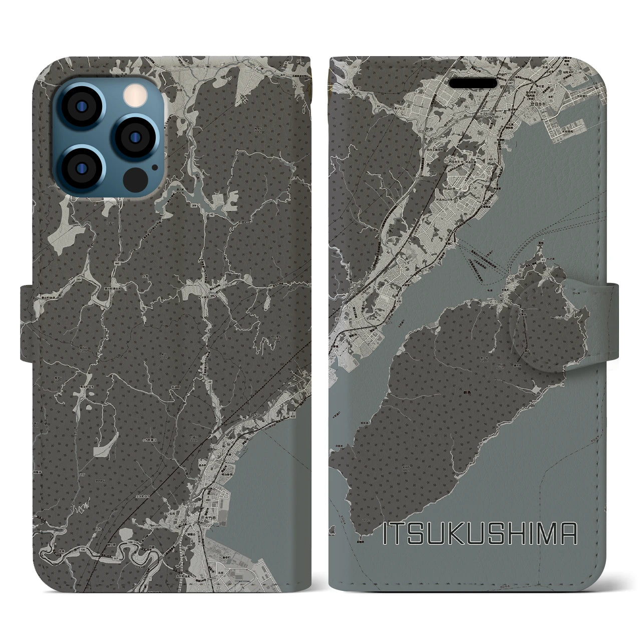 【厳島(広島県)】地図柄iPhoneケース(手帳タイプ)モノトーン・iPhone 12 / 12 Pro 用