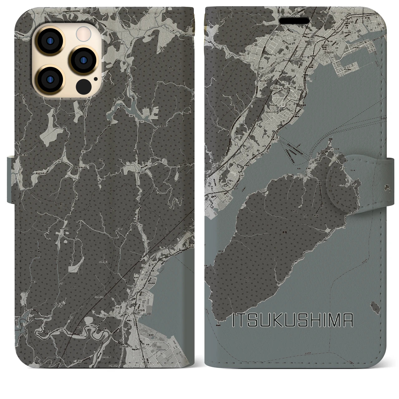 【厳島(広島県)】地図柄iPhoneケース(手帳タイプ)モノトーン・iPhone 12 Pro Max 用