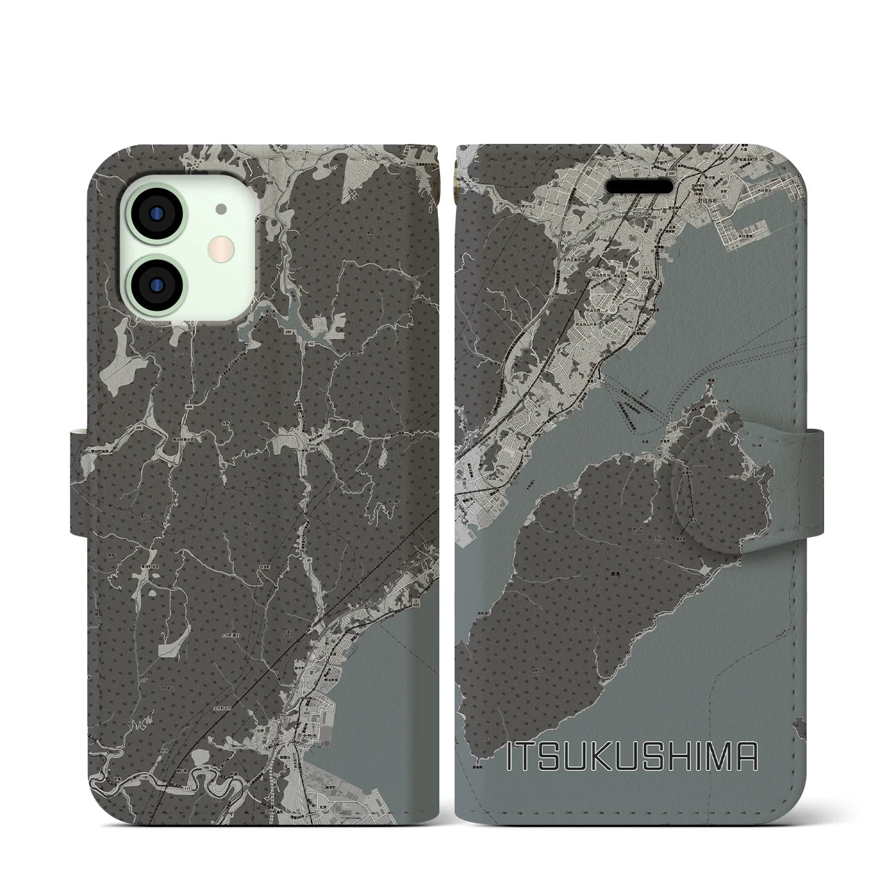 【厳島(広島県)】地図柄iPhoneケース(手帳タイプ)モノトーン・iPhone 12 mini 用