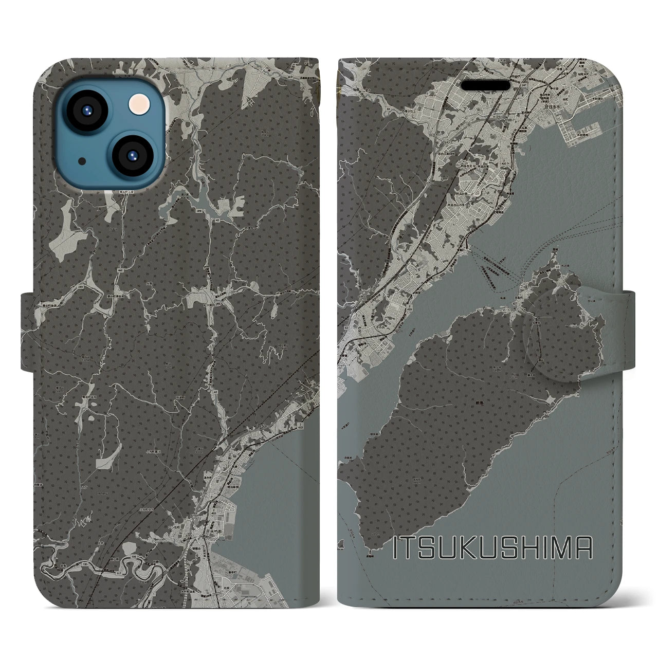 【厳島(広島県)】地図柄iPhoneケース(手帳タイプ)モノトーン・iPhone 13 用