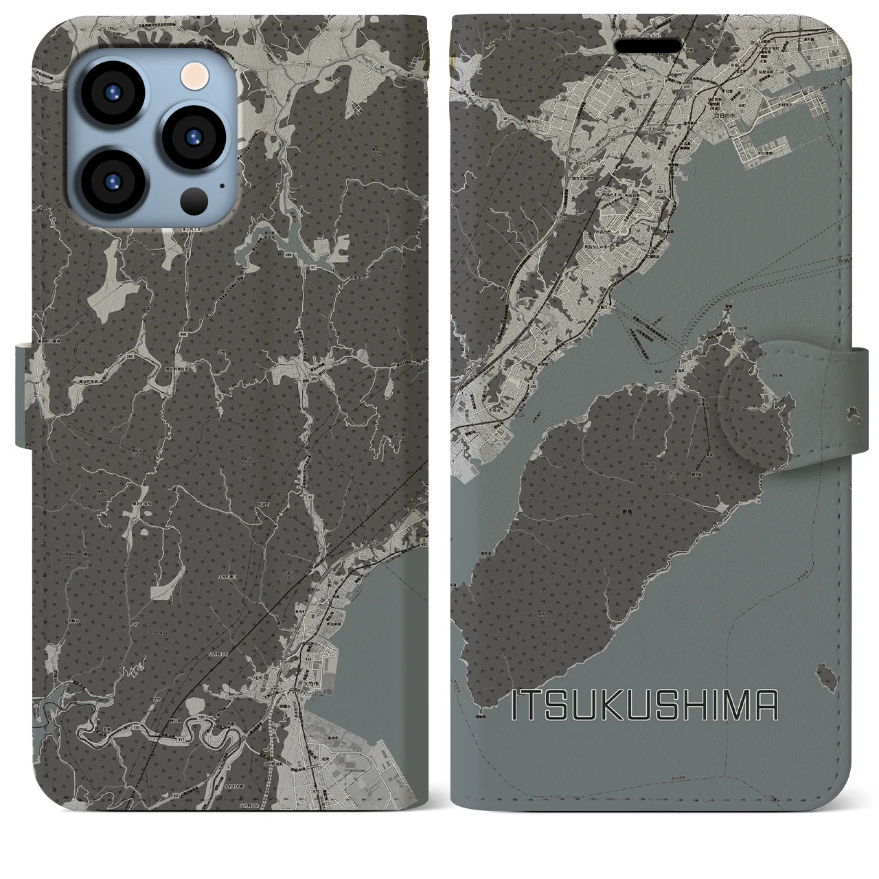 【厳島(広島県)】地図柄iPhoneケース(手帳タイプ)モノトーン・iPhone 13 Pro Max 用