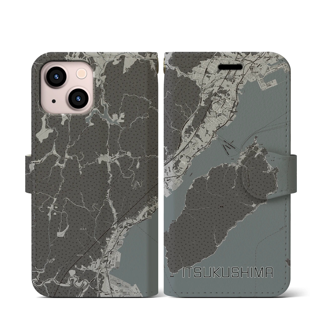 【厳島(広島県)】地図柄iPhoneケース(手帳タイプ)モノトーン・iPhone 13 mini 用