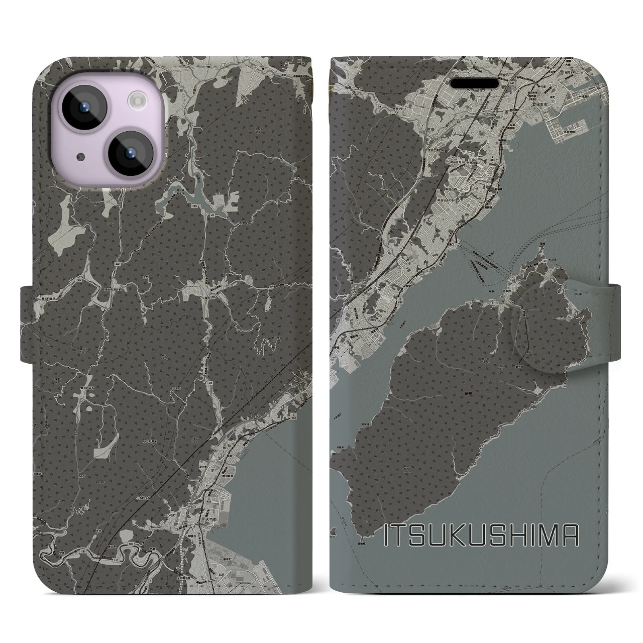 【厳島(広島県)】地図柄iPhoneケース(手帳タイプ)モノトーン・iPhone 14 用