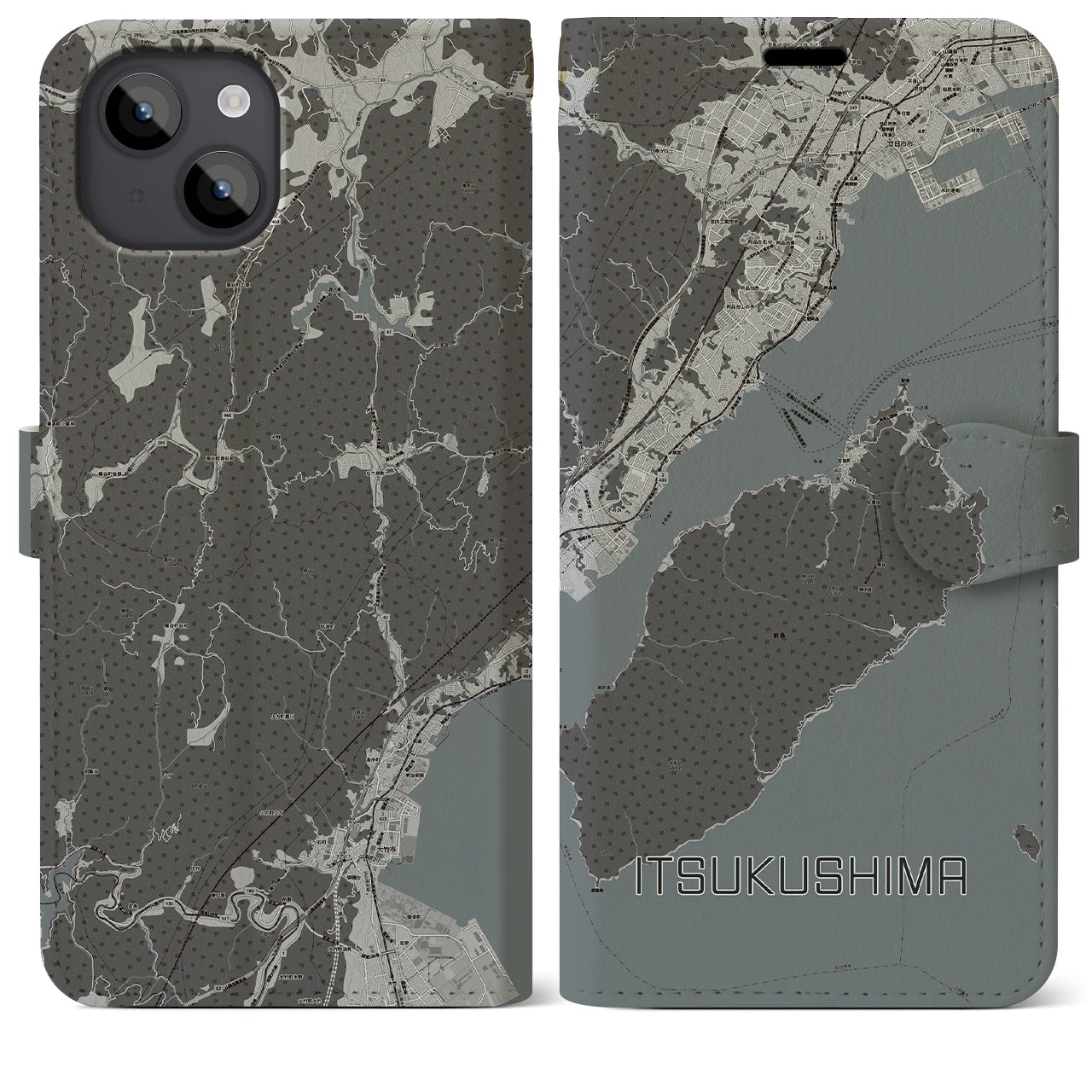 【厳島(広島県)】地図柄iPhoneケース(手帳タイプ)モノトーン・iPhone 14 Plus 用