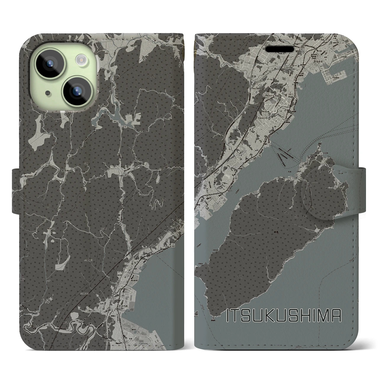 【厳島(広島県)】地図柄iPhoneケース(手帳タイプ)モノトーン・iPhone 15 用
