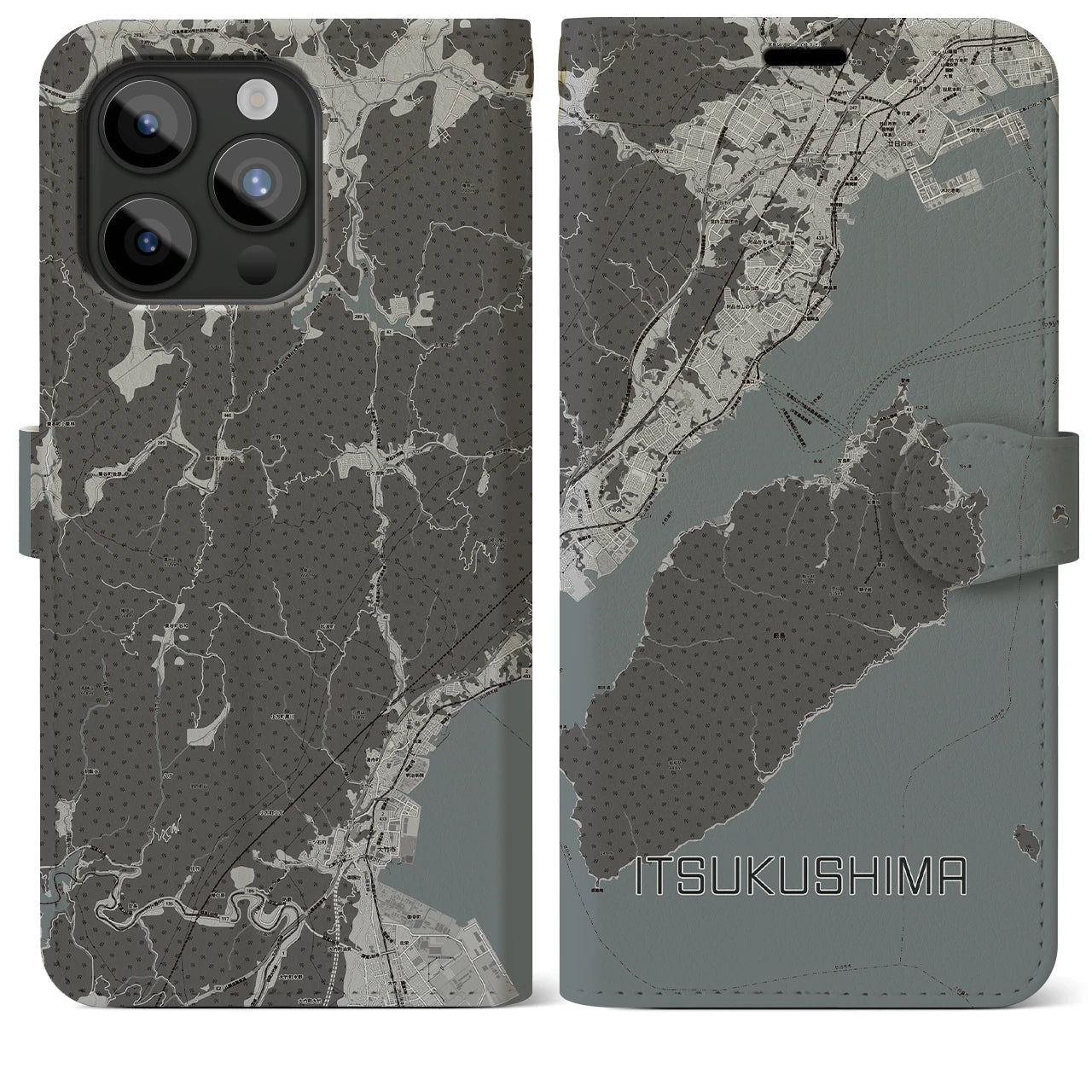 【厳島(広島県)】地図柄iPhoneケース(手帳タイプ)モノトーン・iPhone 15 Pro Max 用