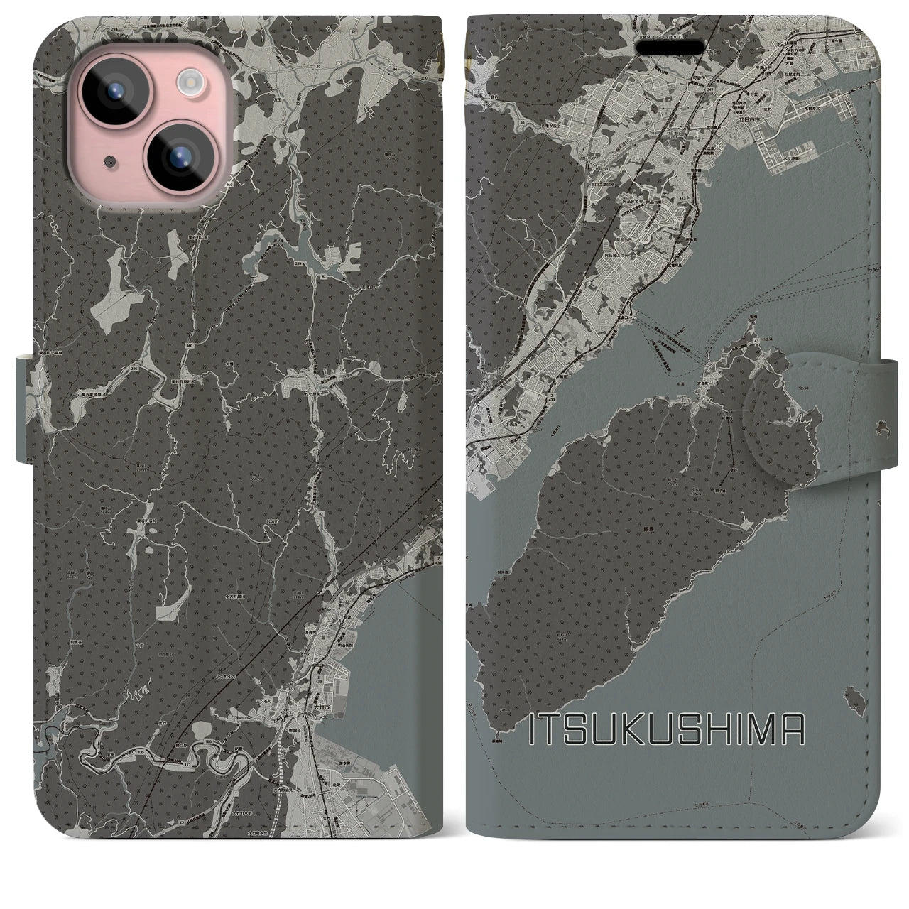 【厳島(広島県)】地図柄iPhoneケース(手帳タイプ)モノトーン・iPhone 15 Plus 用