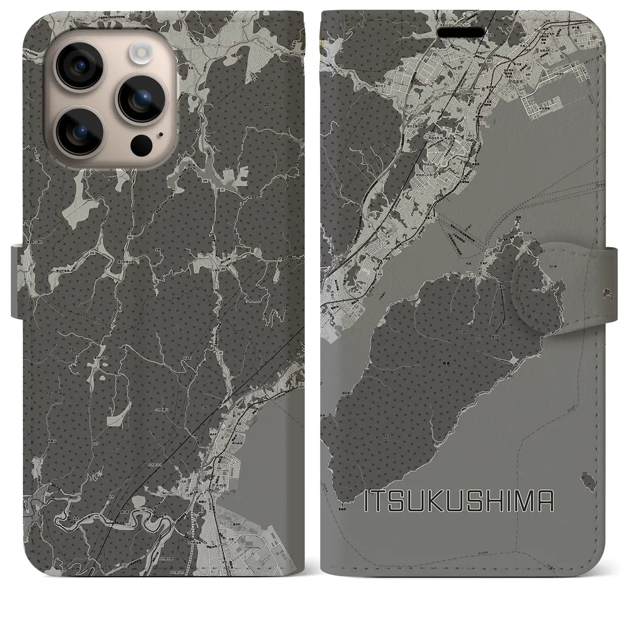 【厳島(広島県)】地図柄iPhoneケース(手帳タイプ)モノトーン・iPhone 16 Plus 用