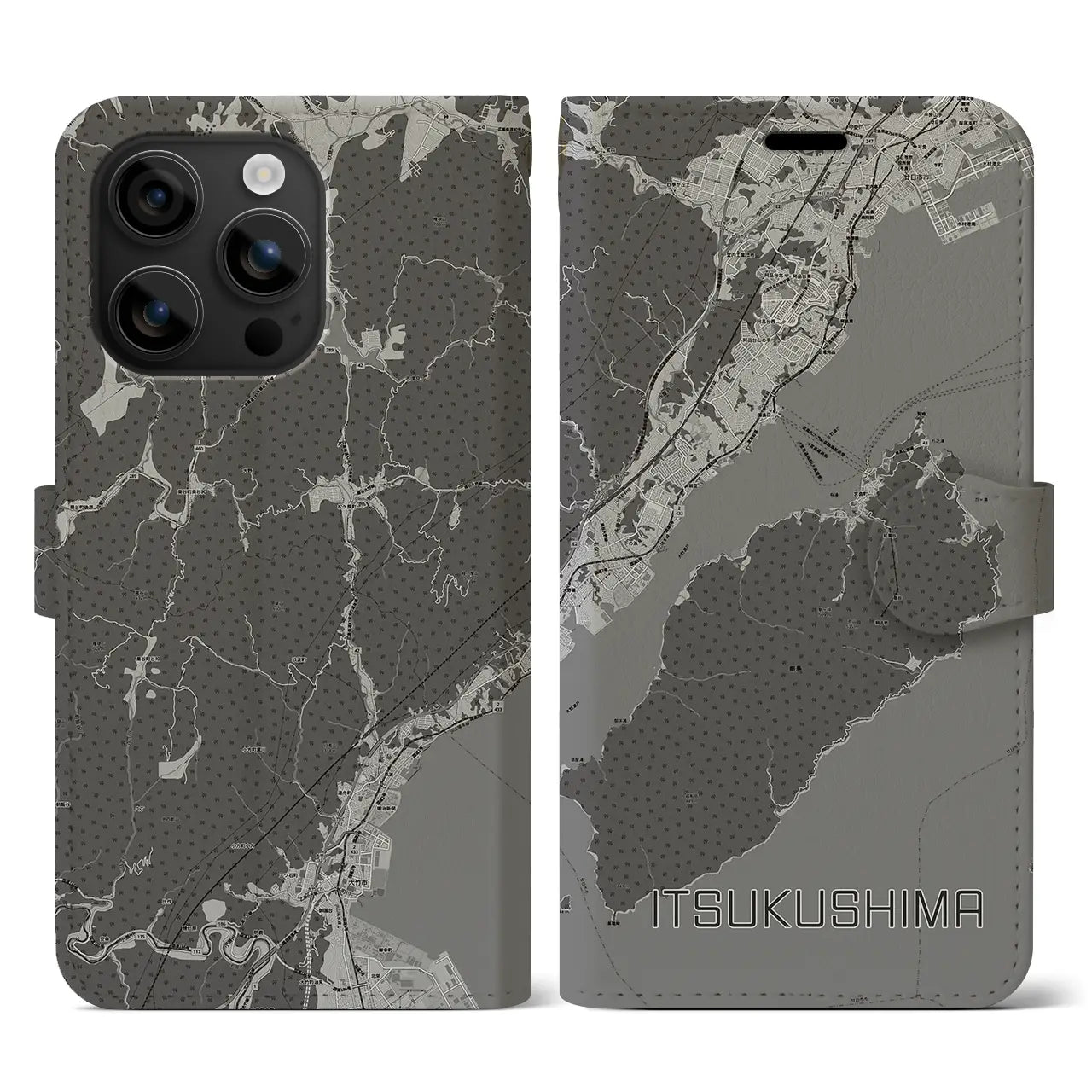 【厳島(広島県)】地図柄iPhoneケース(手帳タイプ)モノトーン・iPhone 16 用