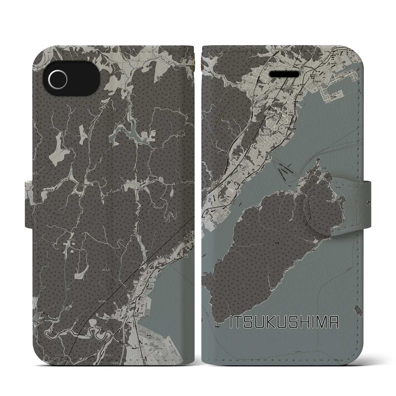 【厳島(広島県)】地図柄iPhoneケース(手帳タイプ)モノトーン・iPhone SE(第3 / 第2世代) / 8 / 7 / 6s / 6 用