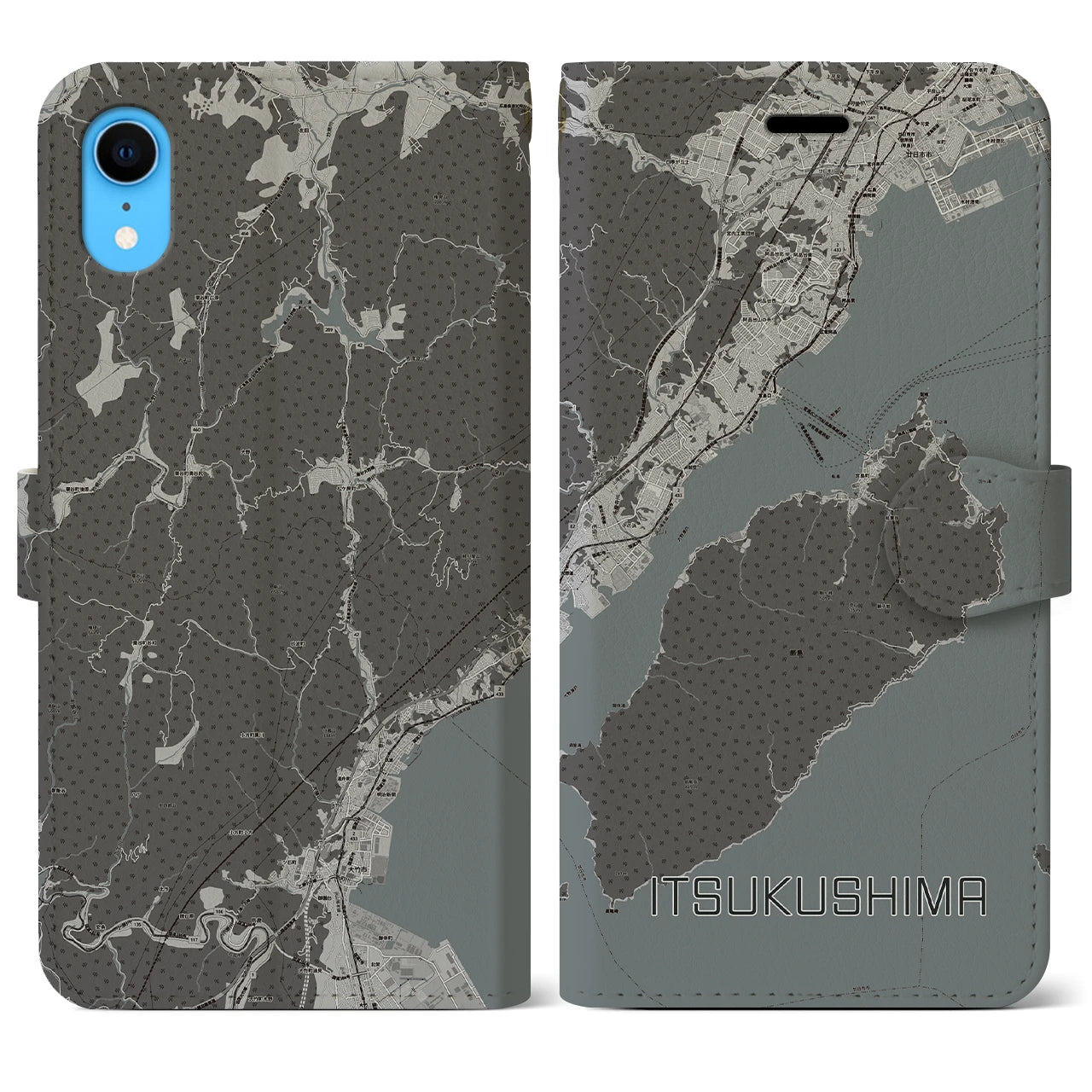【厳島(広島県)】地図柄iPhoneケース(手帳タイプ)モノトーン・iPhone XR 用