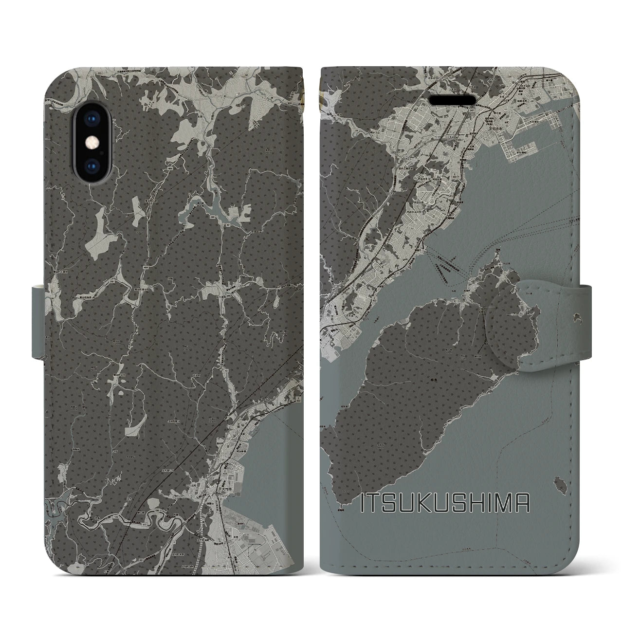【厳島(広島県)】地図柄iPhoneケース(手帳タイプ)モノトーン・iPhone XS / X 用