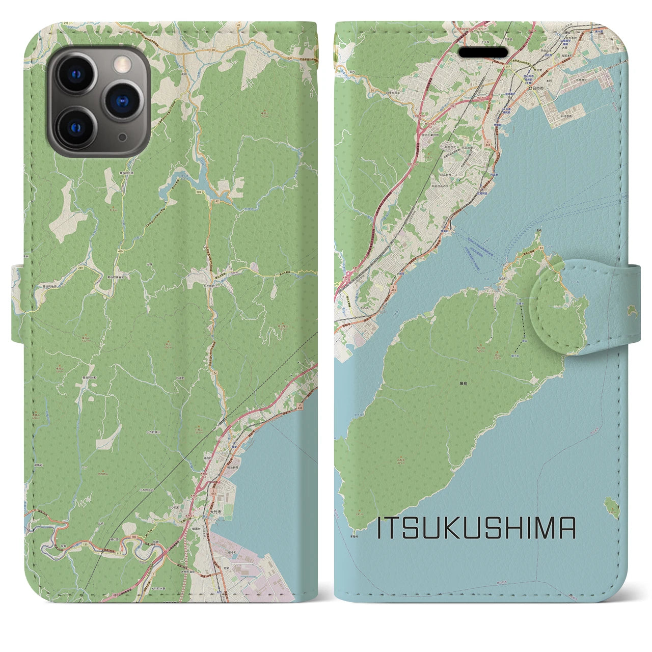 【厳島(広島県)】地図柄iPhoneケース(手帳タイプ)ナチュラル・iPhone 11 Pro Max 用