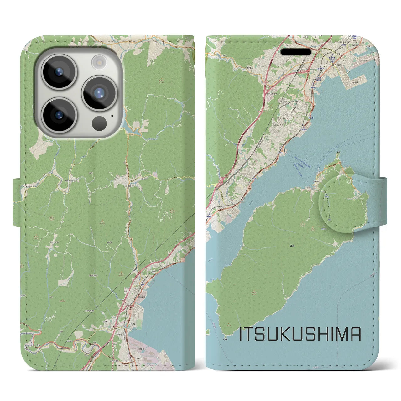 【厳島(広島県)】地図柄iPhoneケース(手帳タイプ)ナチュラル・iPhone 15 Pro 用