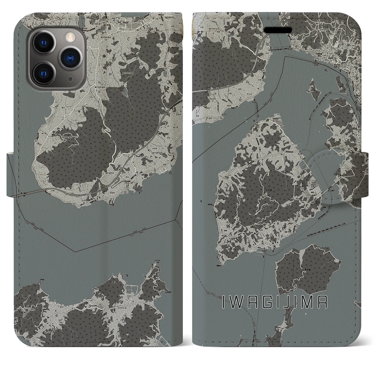 【岩城島(愛媛県)】地図柄iPhoneケース(手帳タイプ)モノトーン・iPhone 11 Pro Max 用