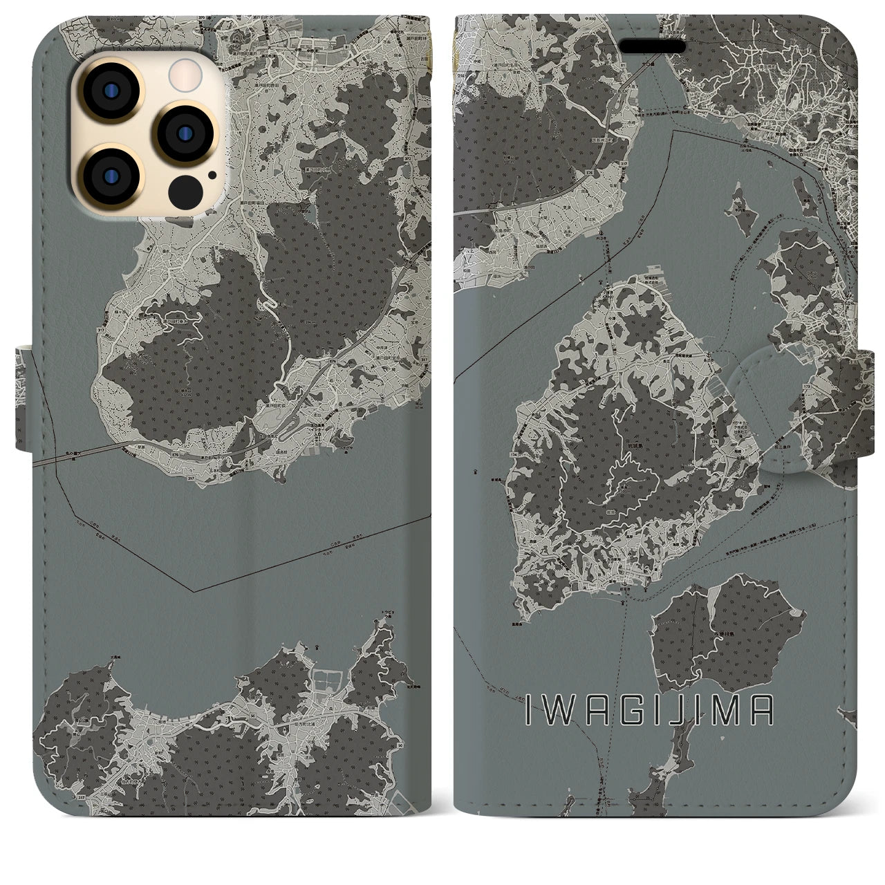【岩城島(愛媛県)】地図柄iPhoneケース(手帳タイプ)モノトーン・iPhone 12 Pro Max 用