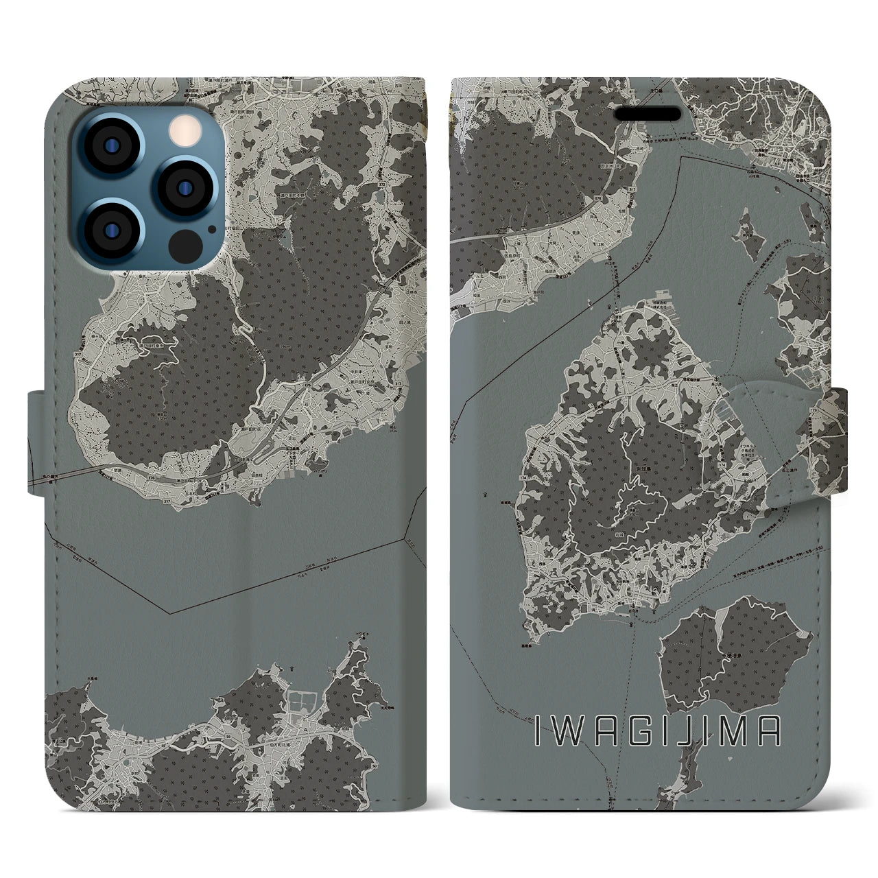 【岩城島(愛媛県)】地図柄iPhoneケース(手帳タイプ)モノトーン・iPhone 12 / 12 Pro 用