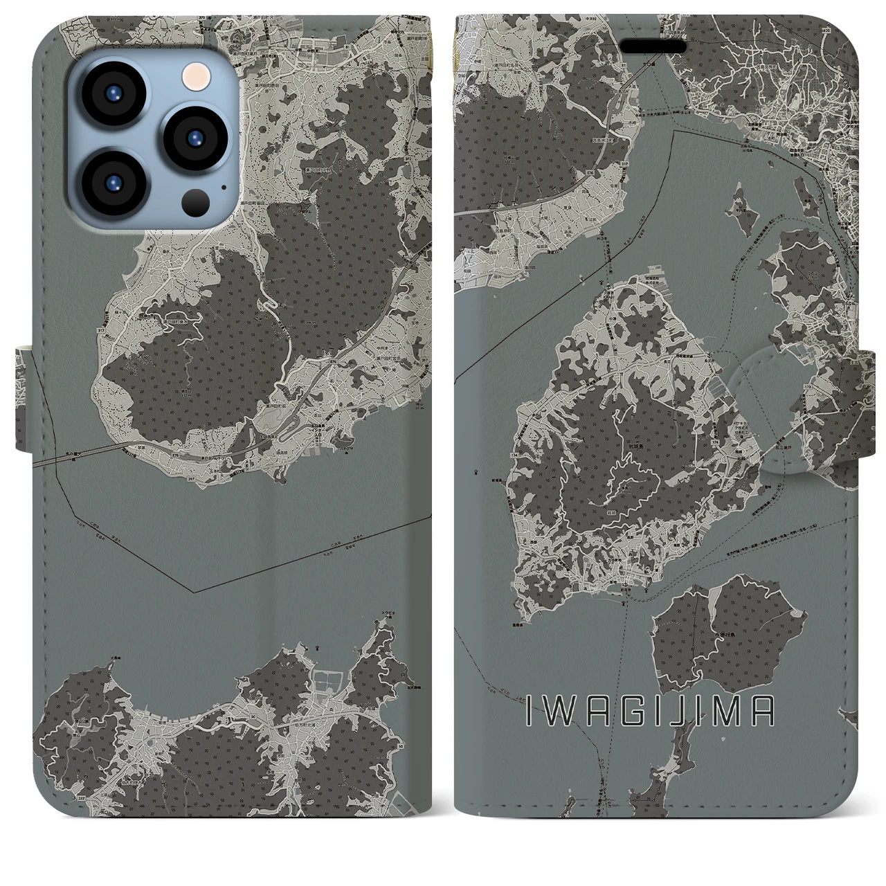 【岩城島(愛媛県)】地図柄iPhoneケース(手帳タイプ)モノトーン・iPhone 13 Pro Max 用