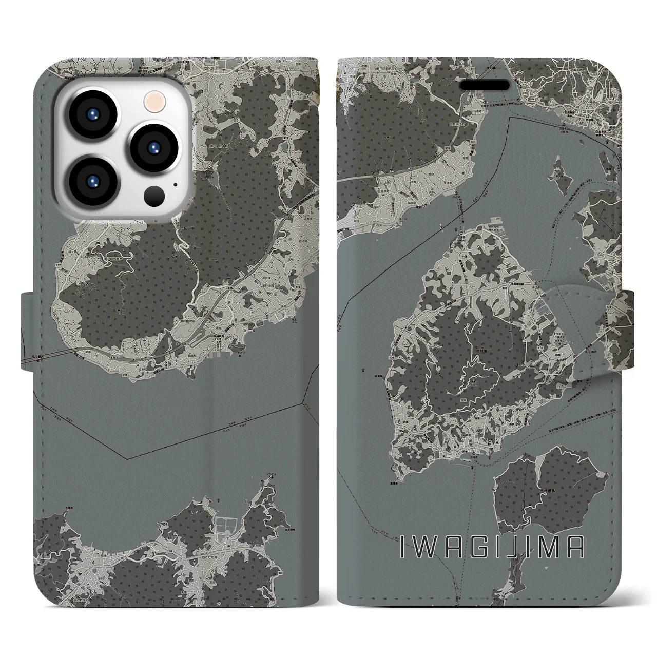 【岩城島(愛媛県)】地図柄iPhoneケース(手帳タイプ)モノトーン・iPhone 13 Pro 用