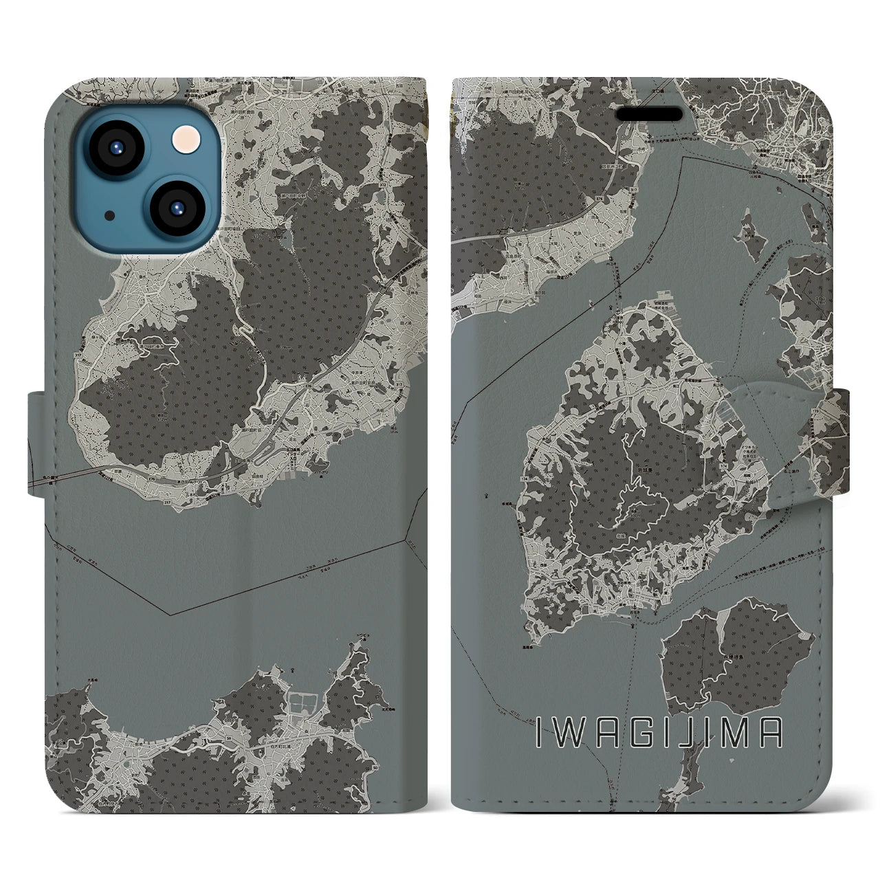 【岩城島(愛媛県)】地図柄iPhoneケース(手帳タイプ)モノトーン・iPhone 13 用