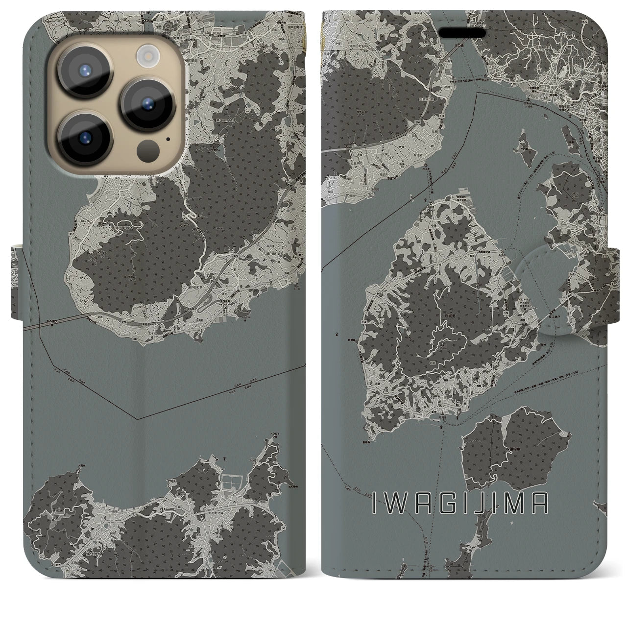 【岩城島(愛媛県)】地図柄iPhoneケース(手帳タイプ)モノトーン・iPhone 14 Pro Max 用