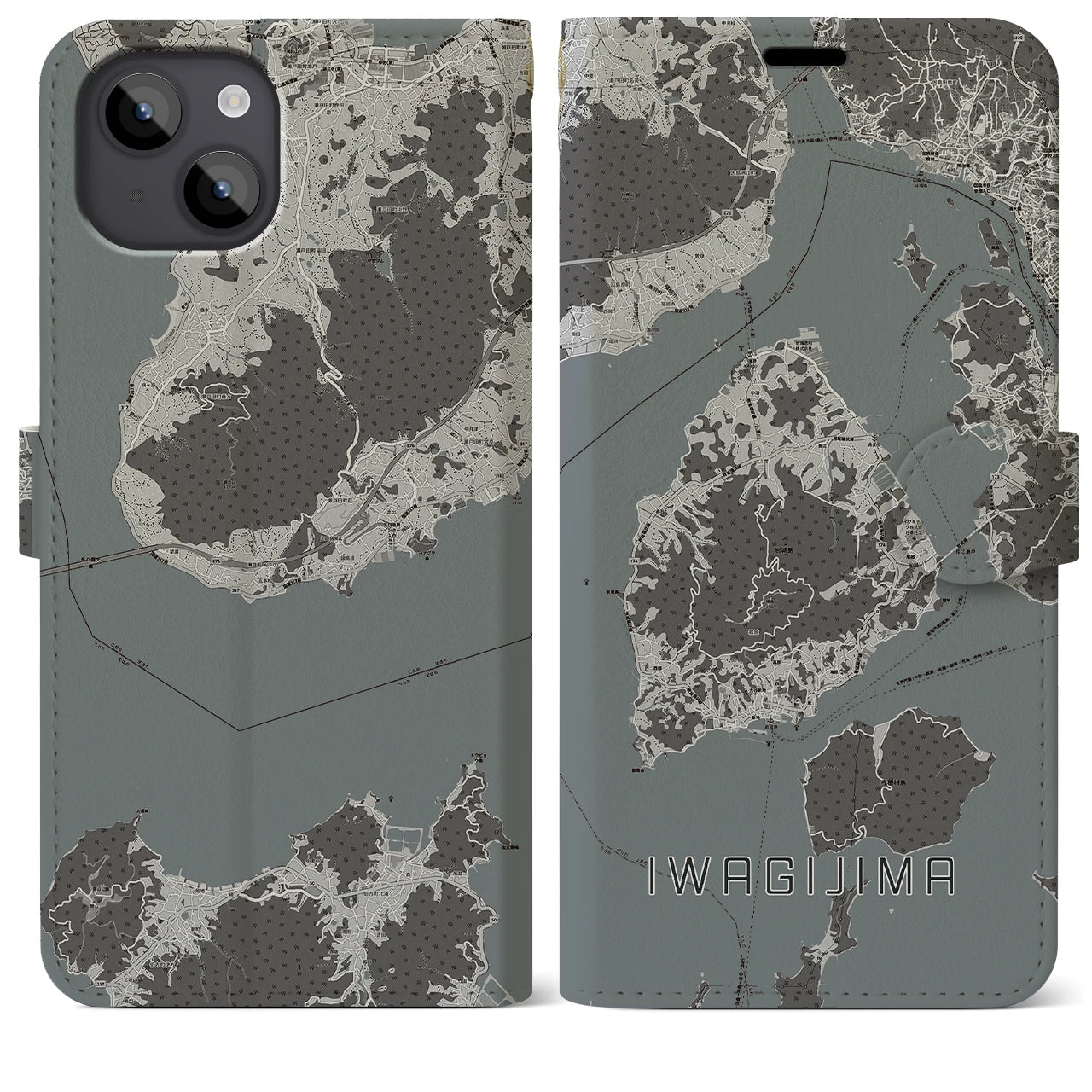 【岩城島(愛媛県)】地図柄iPhoneケース(手帳タイプ)モノトーン・iPhone 14 Plus 用