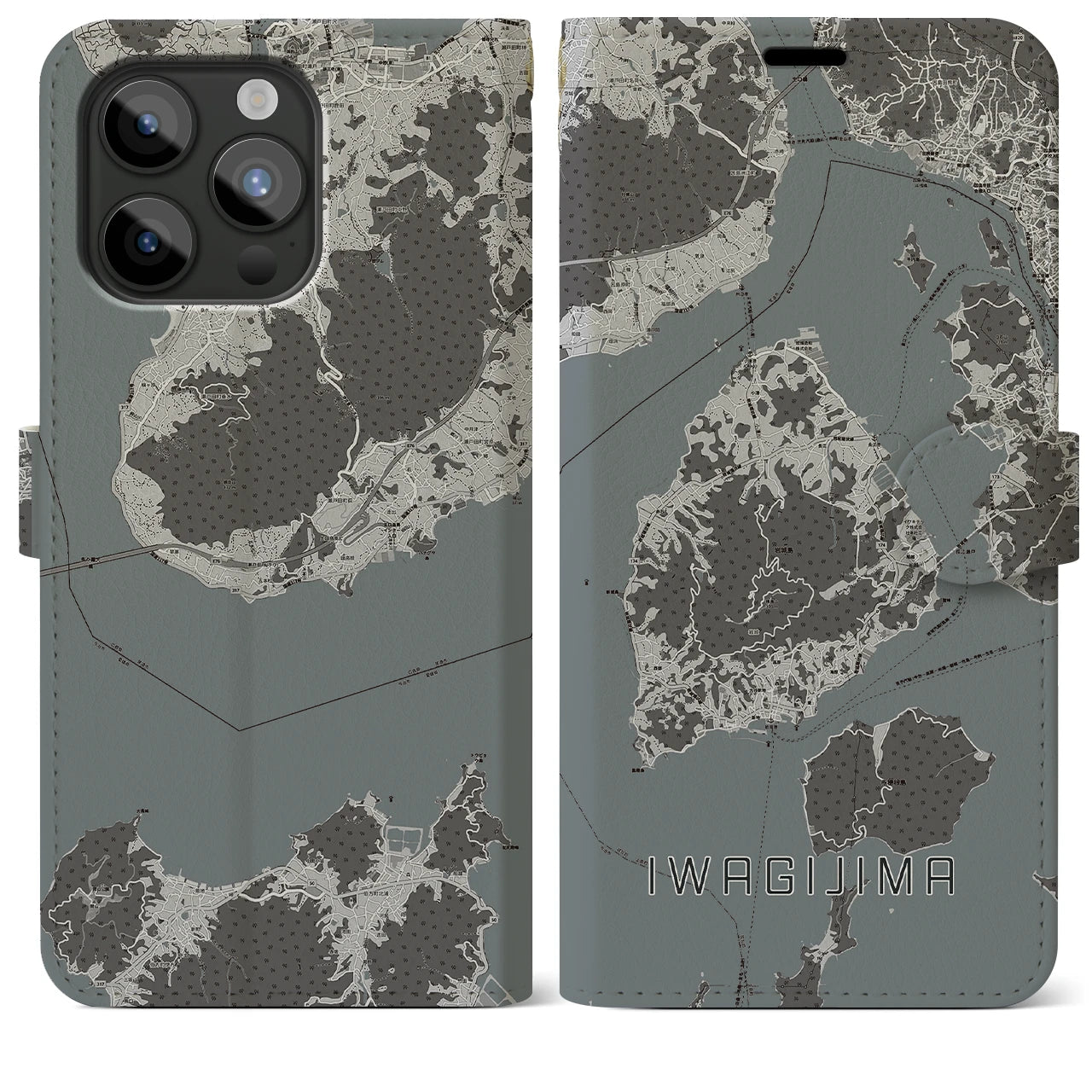 【岩城島(愛媛県)】地図柄iPhoneケース(手帳タイプ)モノトーン・iPhone 15 Pro Max 用