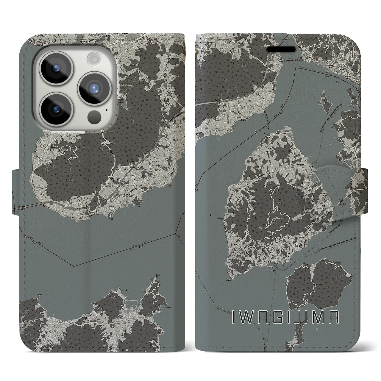 【岩城島(愛媛県)】地図柄iPhoneケース(手帳タイプ)モノトーン・iPhone 15 Pro 用