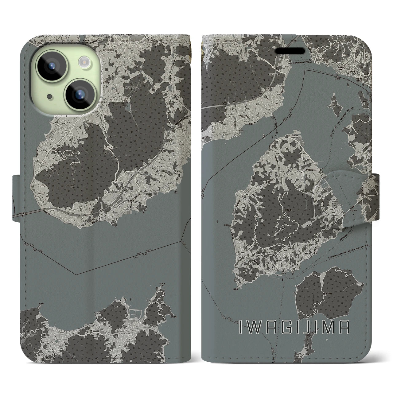 【岩城島(愛媛県)】地図柄iPhoneケース(手帳タイプ)モノトーン・iPhone 15 用