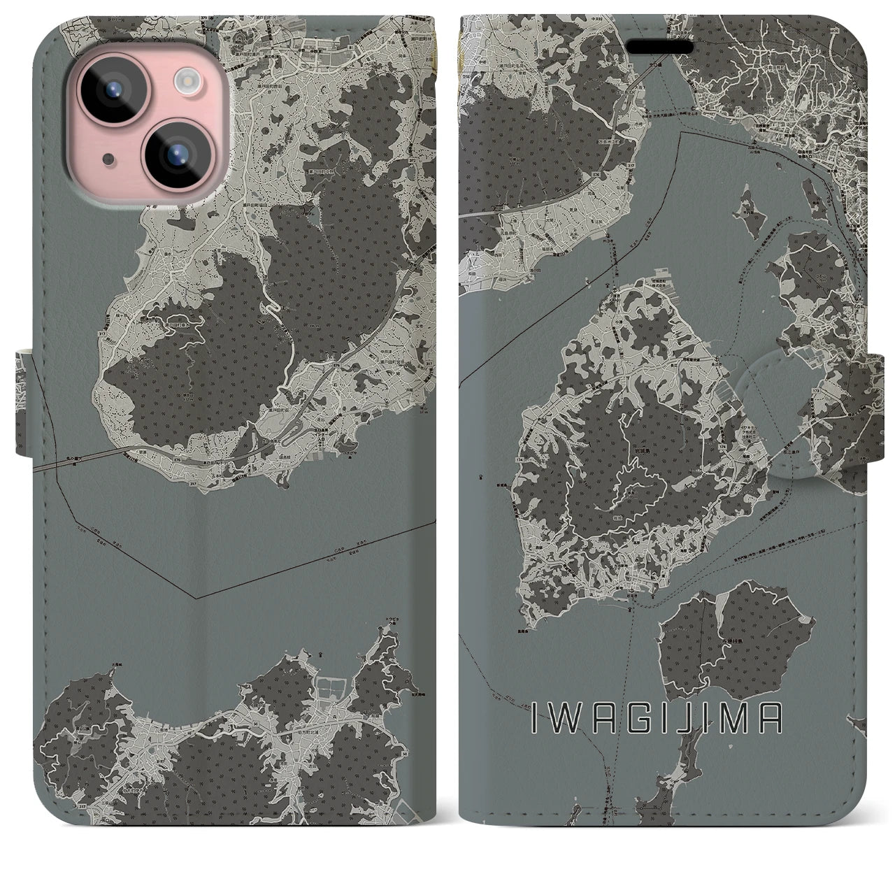 【岩城島(愛媛県)】地図柄iPhoneケース(手帳タイプ)モノトーン・iPhone 15 Plus 用
