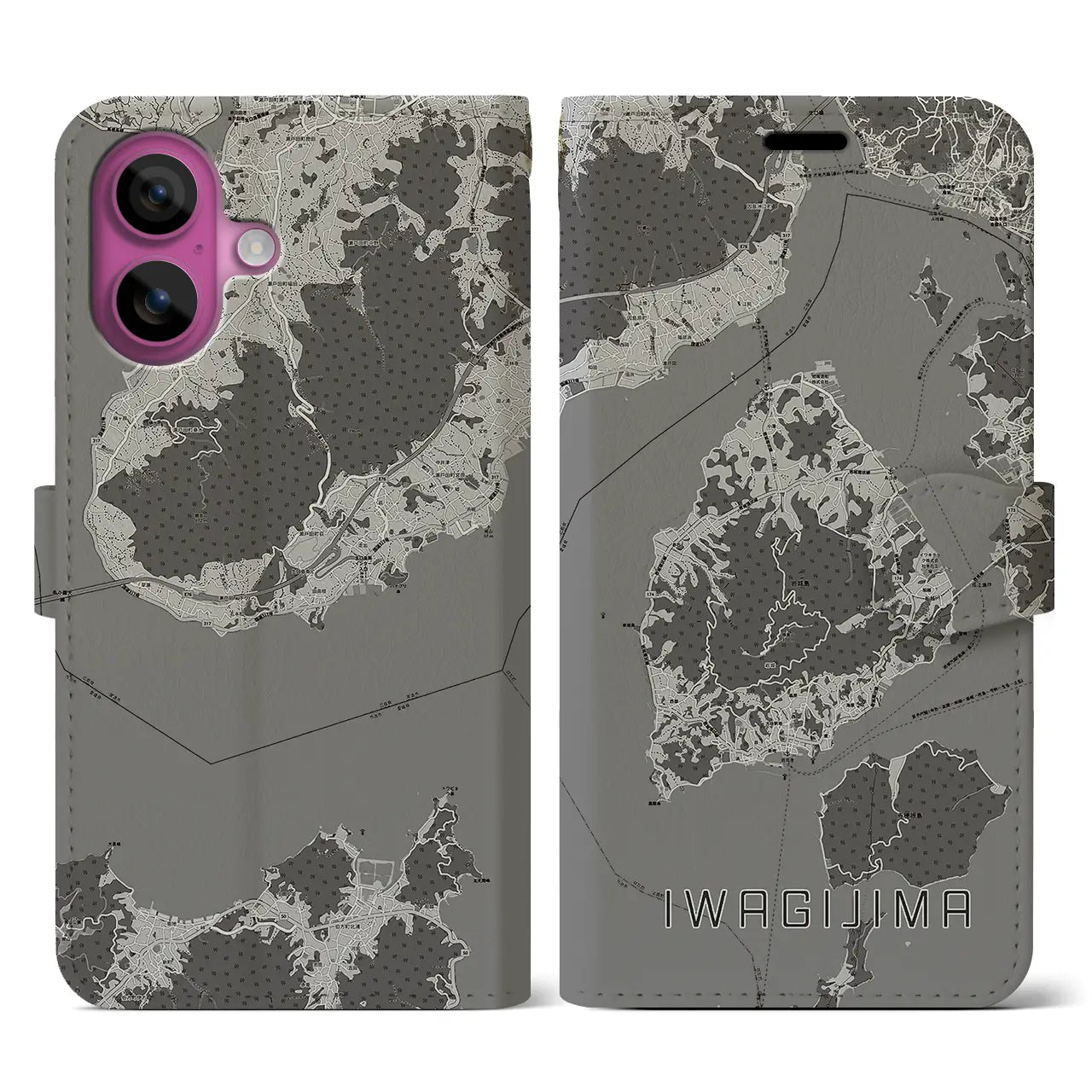 【岩城島(愛媛県)】地図柄iPhoneケース(手帳タイプ)モノトーン・iPhone 16 Pro 用