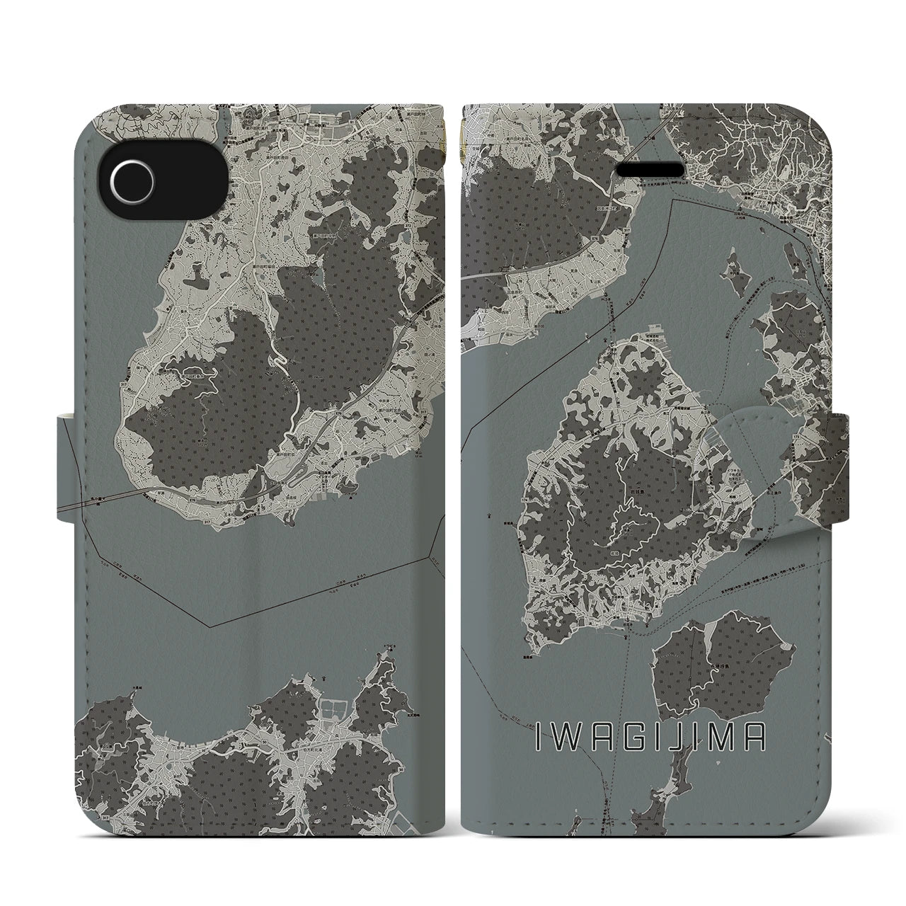 【岩城島(愛媛県)】地図柄iPhoneケース(手帳タイプ)モノトーン・iPhone SE(第3 / 第2世代) / 8 / 7 / 6s / 6 用