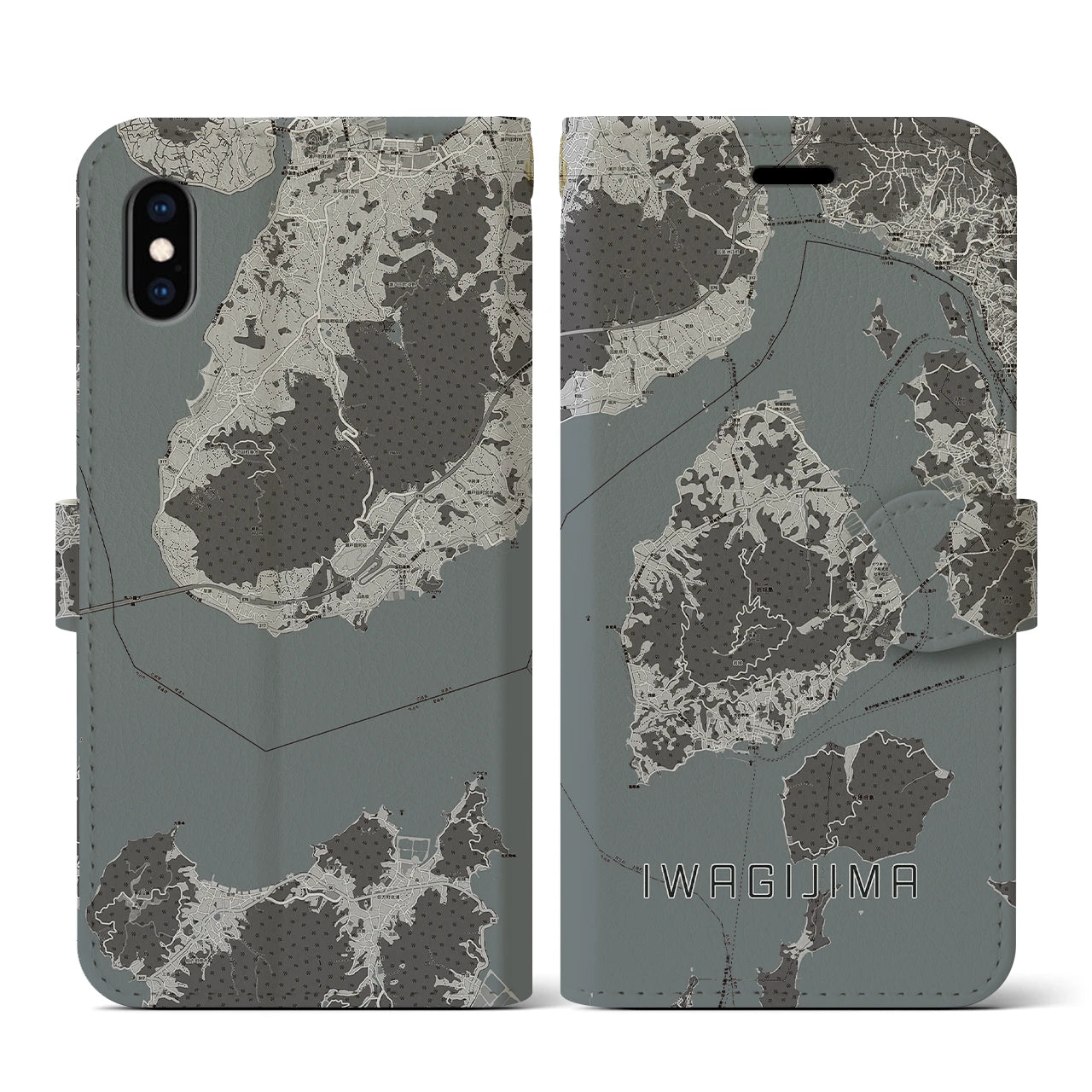 【岩城島(愛媛県)】地図柄iPhoneケース(手帳タイプ)モノトーン・iPhone XS / X 用