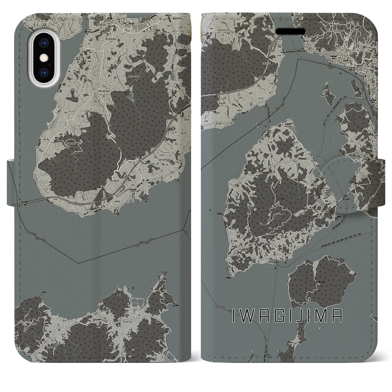 【岩城島(愛媛県)】地図柄iPhoneケース(手帳タイプ)モノトーン・iPhone XS Max 用