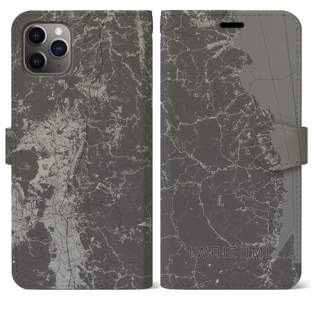 【岩泉(岩手県)】地図柄iPhoneケース(手帳タイプ)モノトーン・iPhone 11 Pro Max 用