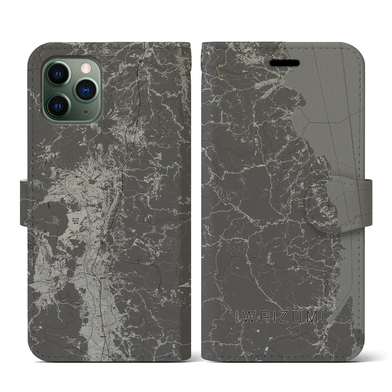 【岩泉(岩手県)】地図柄iPhoneケース(手帳タイプ)モノトーン・iPhone 11 Pro 用