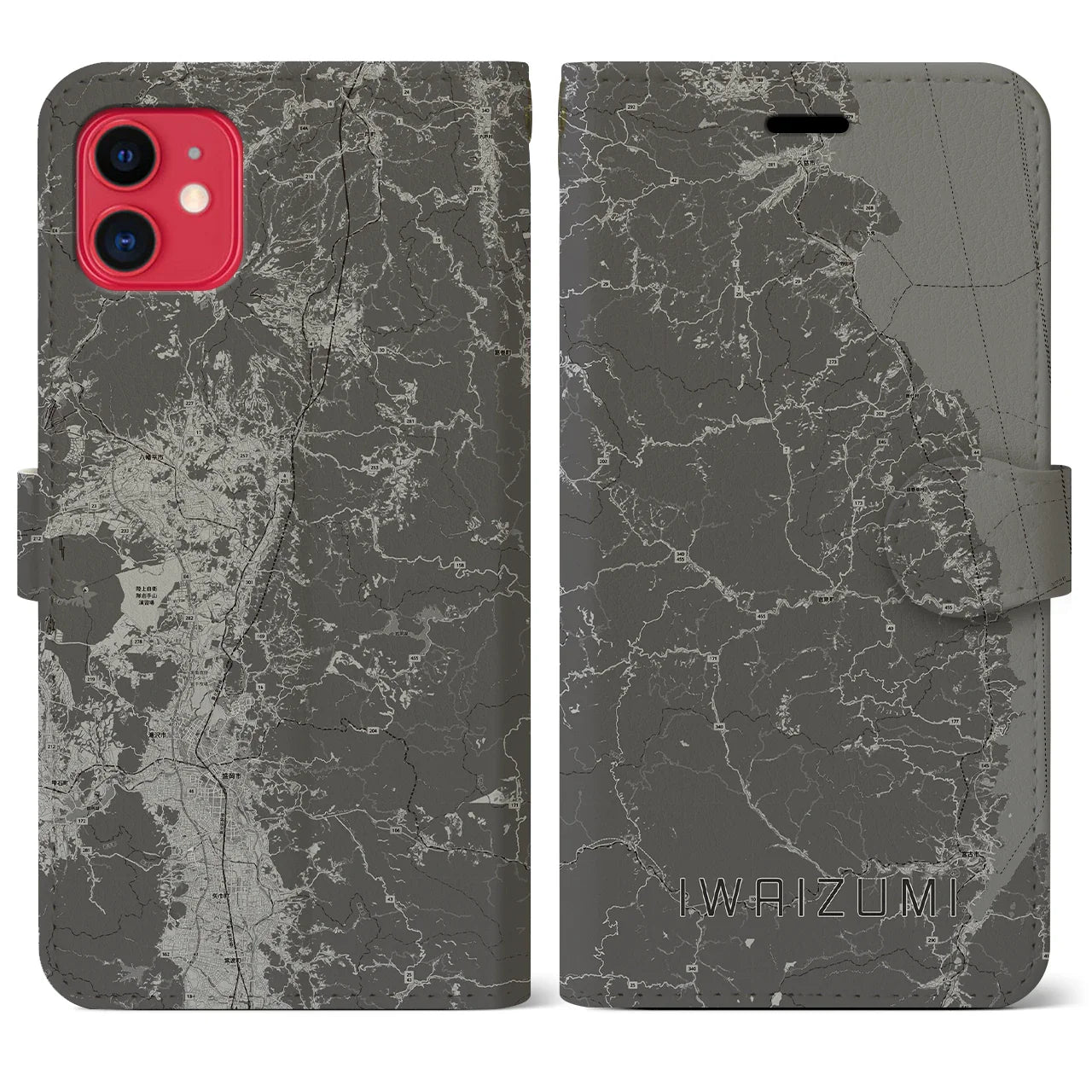 【岩泉(岩手県)】地図柄iPhoneケース(手帳タイプ)モノトーン・iPhone 11 用