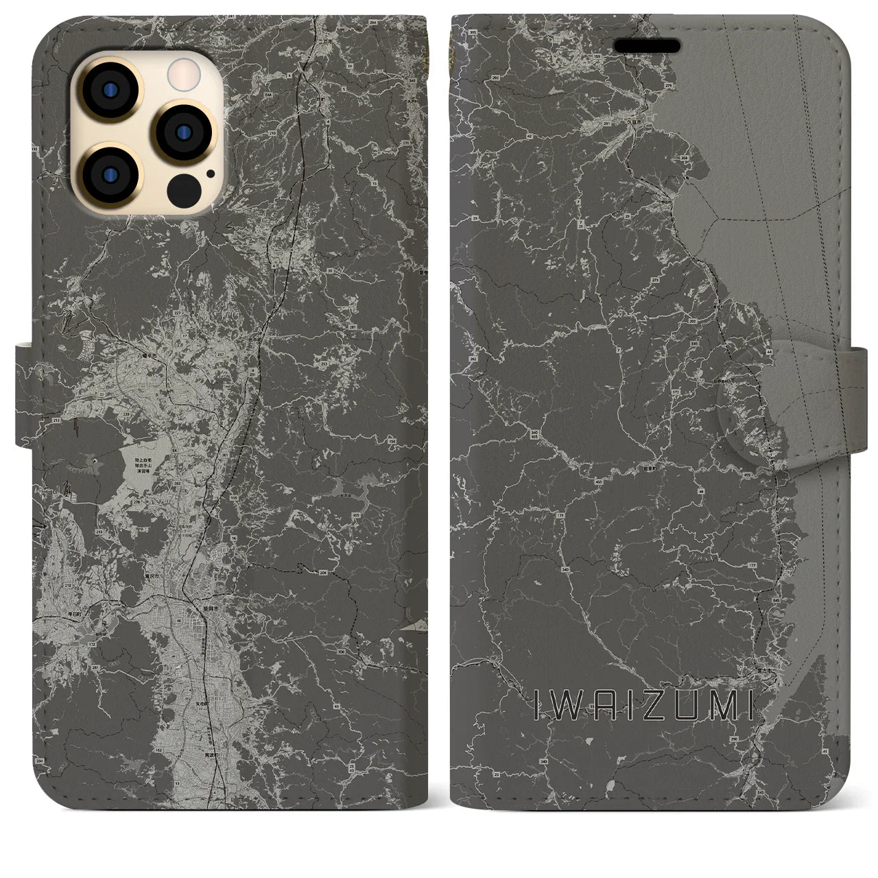 【岩泉(岩手県)】地図柄iPhoneケース(手帳タイプ)モノトーン・iPhone 12 Pro Max 用