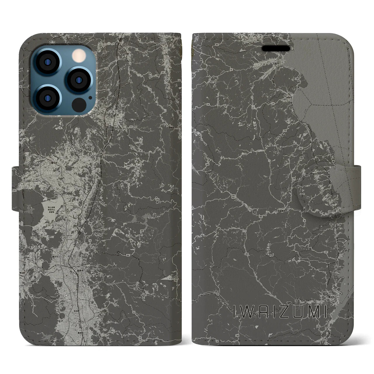 【岩泉(岩手県)】地図柄iPhoneケース(手帳タイプ)モノトーン・iPhone 12 / 12 Pro 用