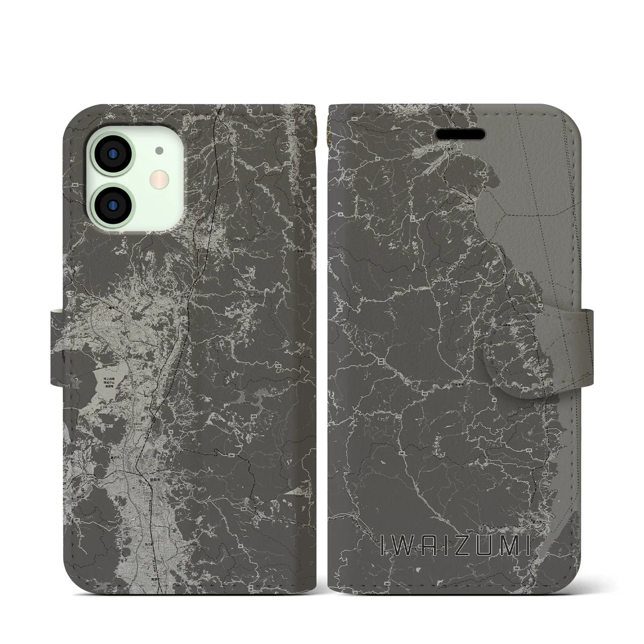 【岩泉(岩手県)】地図柄iPhoneケース(手帳タイプ)モノトーン・iPhone 12 mini 用