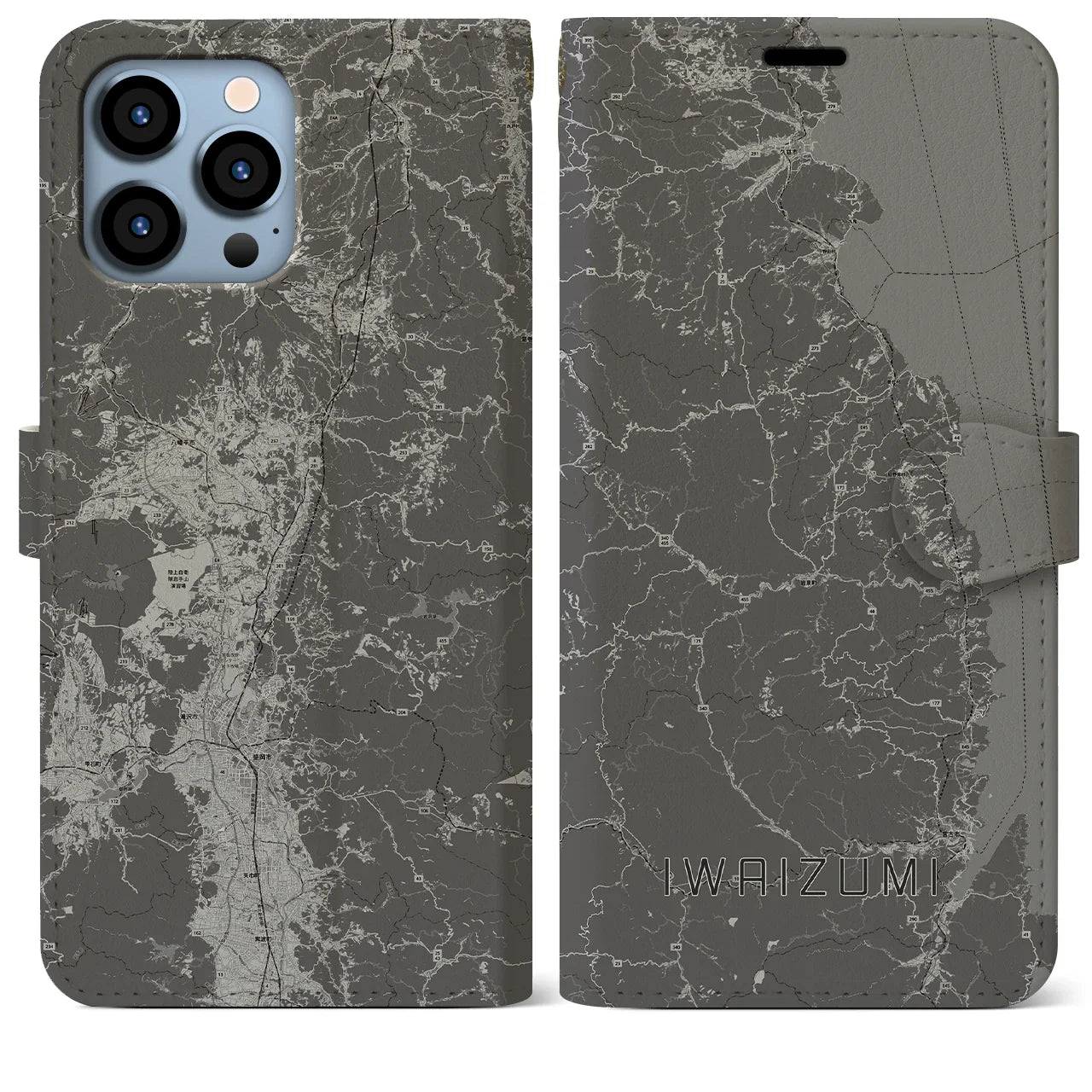 【岩泉(岩手県)】地図柄iPhoneケース(手帳タイプ)モノトーン・iPhone 13 Pro Max 用