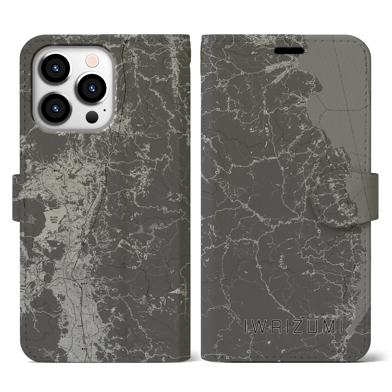 【岩泉(岩手県)】地図柄iPhoneケース(手帳タイプ)モノトーン・iPhone 13 Pro 用