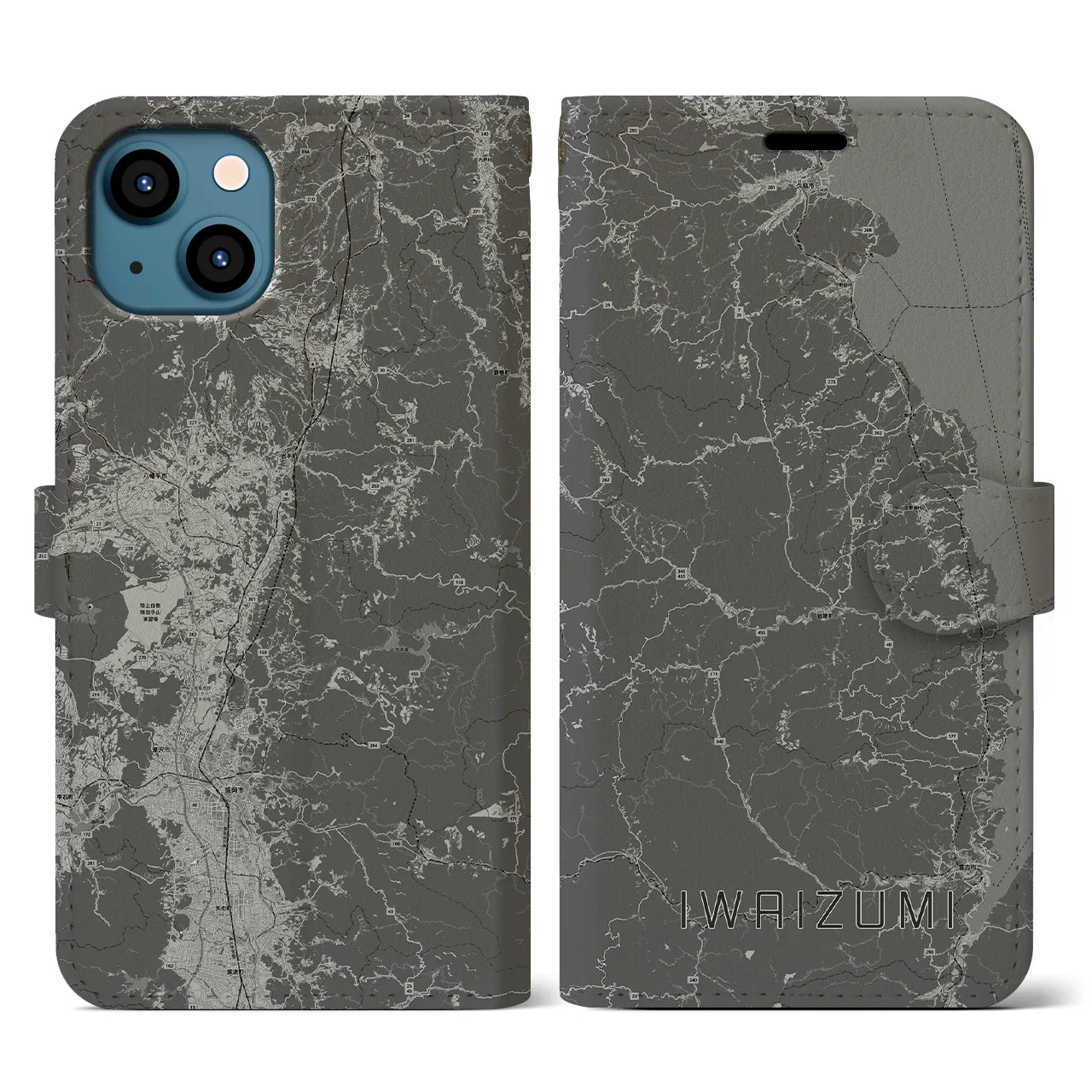【岩泉(岩手県)】地図柄iPhoneケース(手帳タイプ)モノトーン・iPhone 13 用