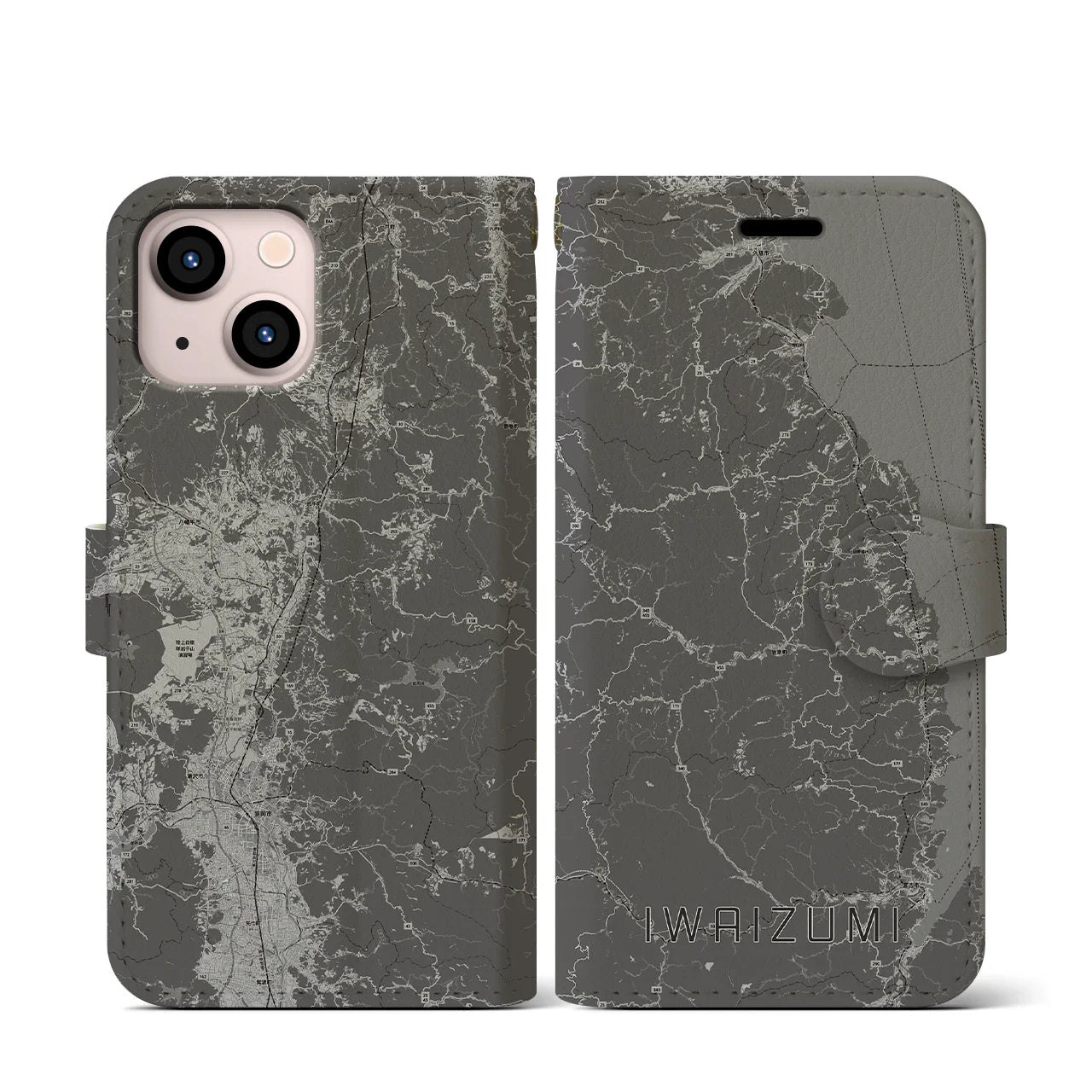 【岩泉(岩手県)】地図柄iPhoneケース(手帳タイプ)モノトーン・iPhone 13 mini 用