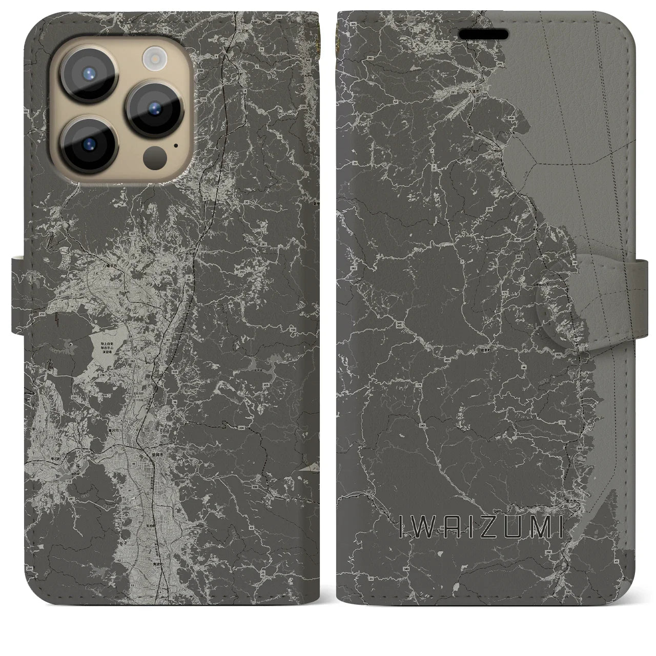 【岩泉(岩手県)】地図柄iPhoneケース(手帳タイプ)モノトーン・iPhone 14 Pro Max 用