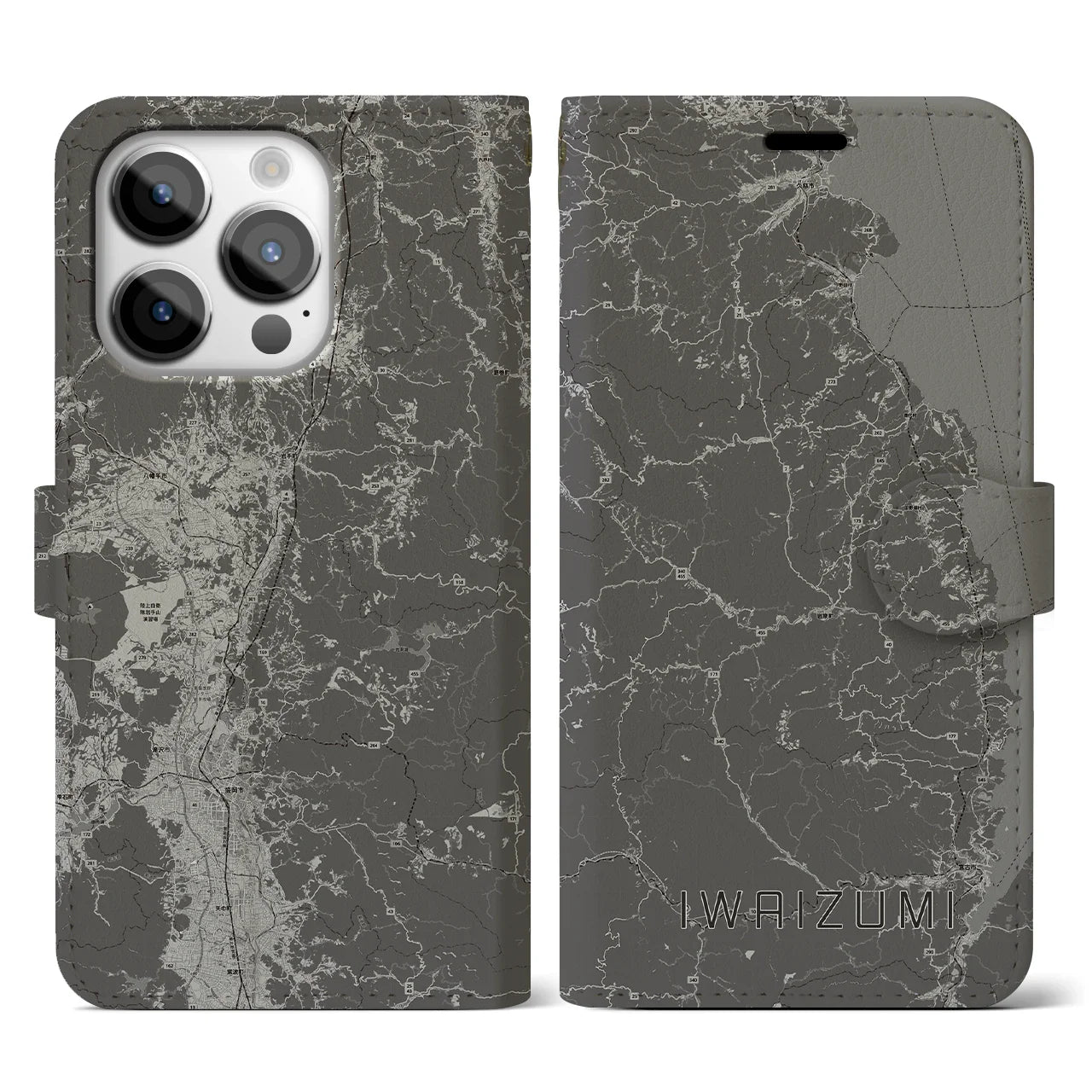【岩泉(岩手県)】地図柄iPhoneケース(手帳タイプ)モノトーン・iPhone 14 Pro 用