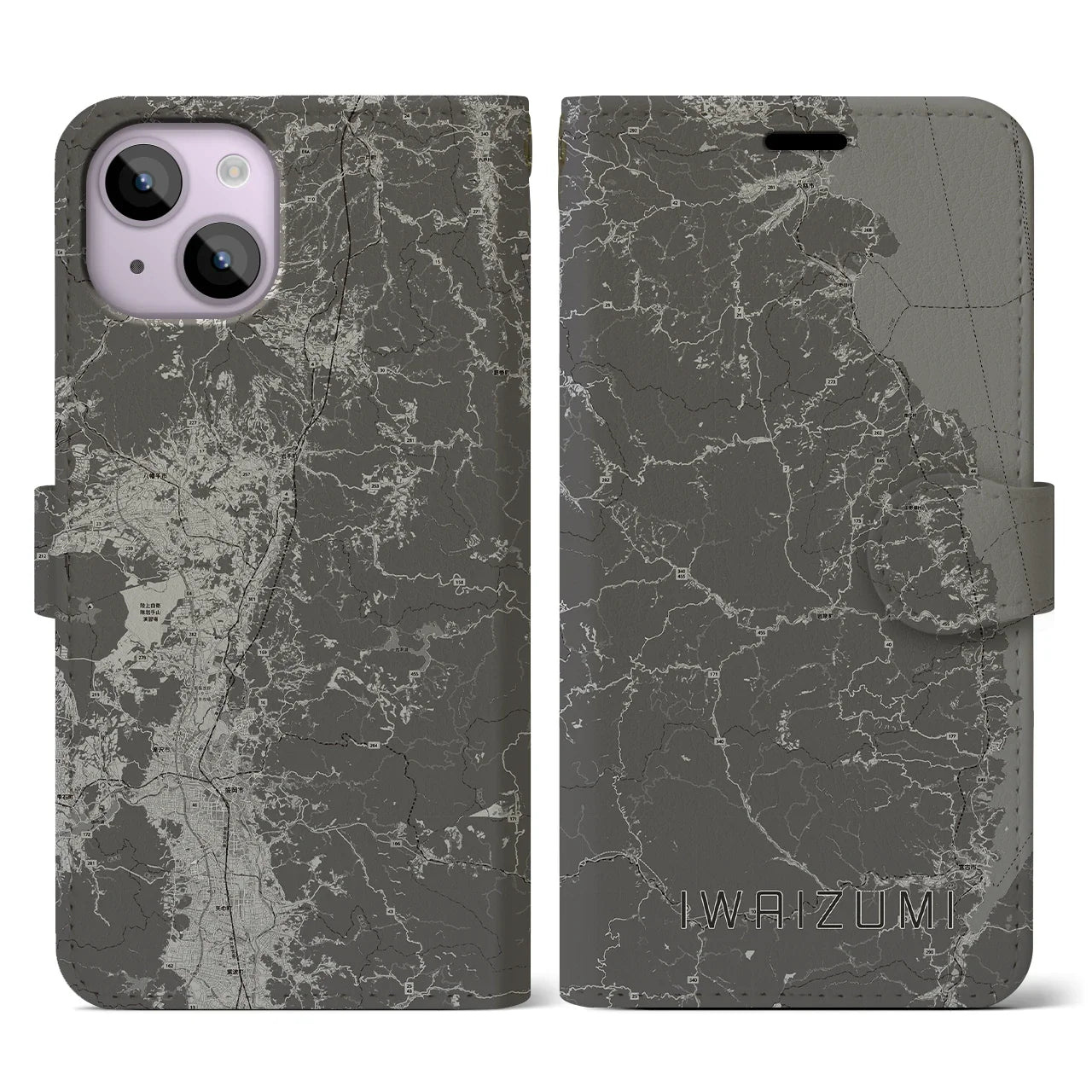 【岩泉(岩手県)】地図柄iPhoneケース(手帳タイプ)モノトーン・iPhone 14 用